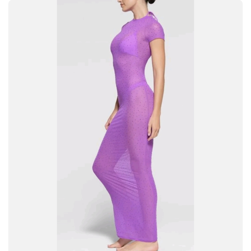NWT SKIMS MESH RHINESTONE COVER UP LONG DRESS IN VIOLET